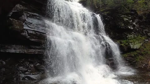 Slow motion tilt up view of large waterfall in the forest Stock Footage 170017803