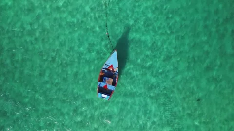 Slow motion top down aerial view of fishing boat in vast open ocean Video stock 273167251