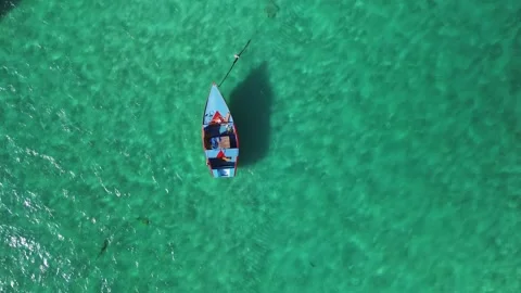 Slow motion top down aerial view of fishing boat in vast open ocean Vidéo 273167273