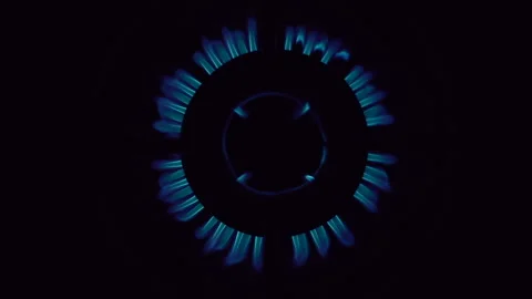 Slow motion of Top view on gas stove burner gas blue flame Stock Footage 163299332