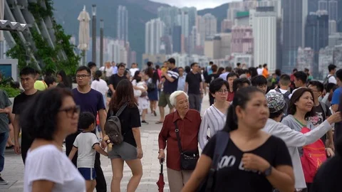 Slow Motion of Tourists visiting the Avenue of the Stars Stockbeeldmateriaal 124986643