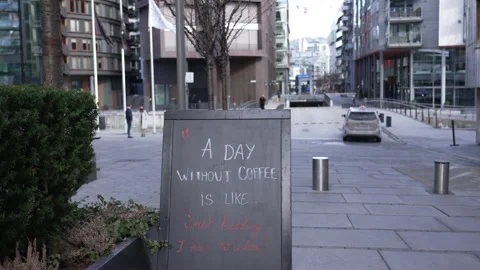 Slow motion tracking next to a coffee shop sign in Oslo Stock Footage 271409979