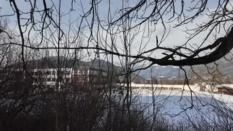Slow Motion Tracking Shot Of Admont Abbey Winter Courtyard And Mountains Stock Footage 328694997
