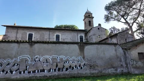 Slow Motion Tracking Shot Of Ancient Facade Santi Nereo E Achilleo Rome Video stock 330123360