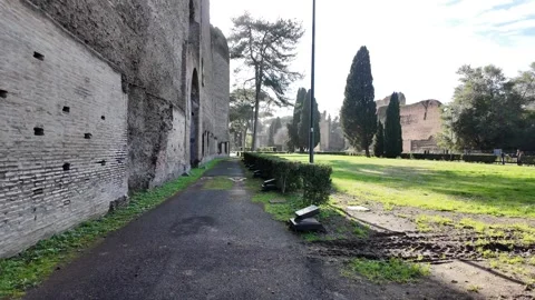 Slow Motion Tracking Shot Of Ancient Roman Baths Of Caracalla Stock Footage 330123456