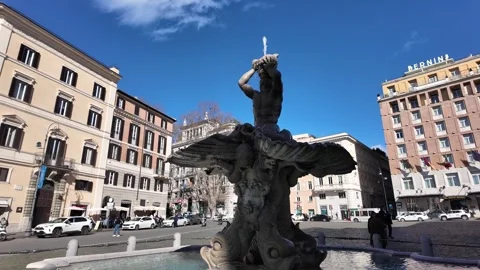 Slow Motion Tracking Shot Of Bernini Triton Fountain Water Detail Stock Footage 330122624