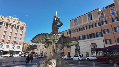 Slow Motion Tracking Shot Of Bernini Triton Fountain In Rome Video stock 330122630