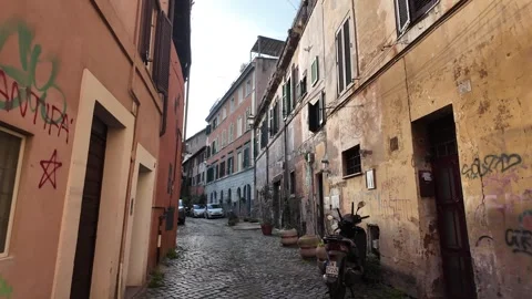 Slow Motion Tracking Shot Of Charming Streets In Trastevere District Rome Video stock 328845919
