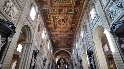 Slow Motion Tracking Shot Of Gilded Renaissance Ceiling In Lateran Basilica Stock Footage 330122117