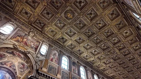 Slow Motion Tracking Shot Of Magnificent Gilded Ceiling Santa Maria Maggiore Vídeo Stock 330121954