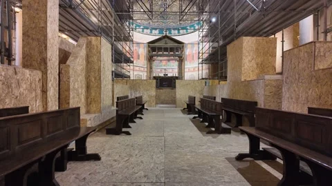 Slow Motion Tracking Shot Of Medieval Interior In San Clemente Rome Video stock 330122943