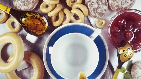 Slow motion traditional Russian tea party with pastries top view Stock Footage 97184364