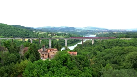 Slow Motion-Train Italo NTV AGV 495-Aerial Drone view Rail Bridge Passess by 4K Stock-Footage 196781492