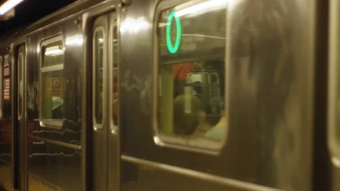 Slow motion of train leaving from subways station in NY Stock Footage 85581847
