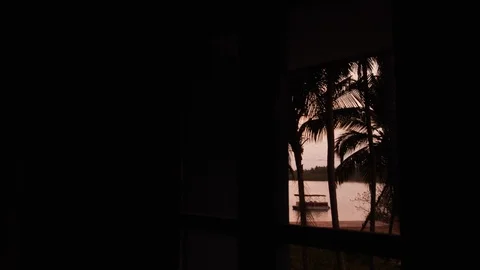 Slow motion of tree silhouette through window in darkness of shambhavi river Stock Footage 145044293