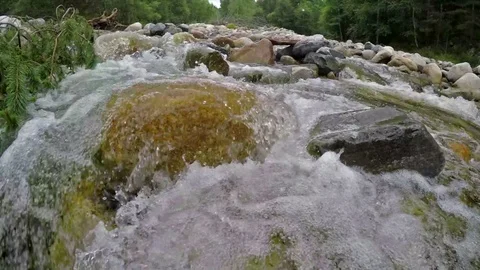 Slow motion turbulent bubbling mountain stream flowing over rocks 動画素材 96532018