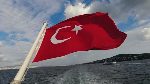 Slow Motion Turkish Flag Waving on Ferry Bosphorus River Istanbul Stock Footage 337613304