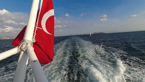 Slow Motion Turkish Flag Waving on Ferry Bosphorus River Istanbul Stock Footage 337613339