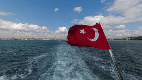 Slow Motion Turkish Flag Waving on Ferry Bosphorus River Istanbul Stock Footage 337613340