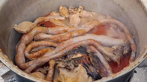 Slow Motion Turkish Kelle Paca Soup Cooking in Metal Pot 20s 動画素材 335643582
