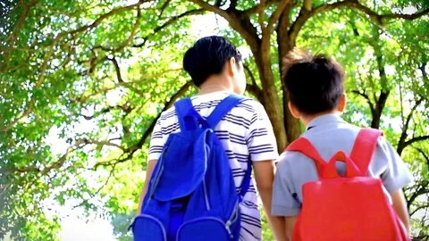 Slow motion two boy walk in the forest Vídeos de archivo 85385577