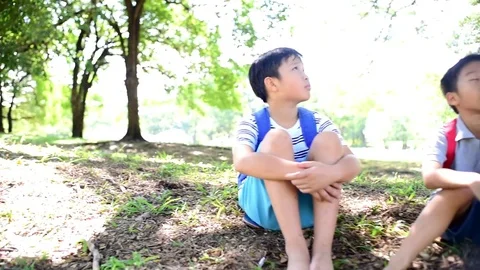 Slow motion of Two young asian boy sit in a park Stock Footage 85382237