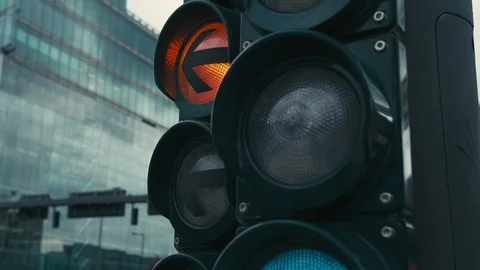 Slow Motion A typical traffic light at the Crossroads in the center of the Stock Footage 105032426