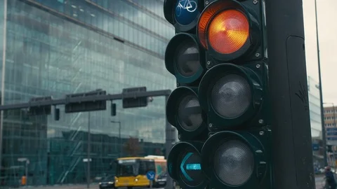 Slow Motion A typical traffic light at the Crossroads in the center of the Stock Footage 106819270