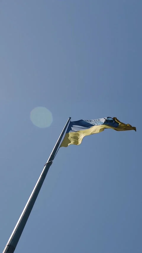 Slow motion of Ukraine flag waving against clear blue sky. Ukrainian flag waving Stock Footage 277134238