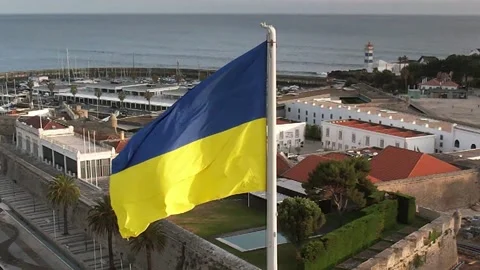 Slow motion Ukrainian flag in the wind, captured in Cascais, Portugal Stock Footage 194515406