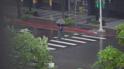 Slow motion of umbrella struggle during typhoon in Taipei crosswalk Vídeos de archivo 314017605