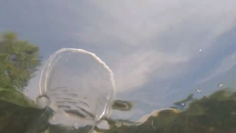 Slow motion underwater plastic cup trash floating in the river Stock Footage 323042930