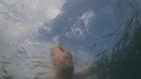 Slow motion underwater view of a swimmer's head breaking the surface with Видео 344802627