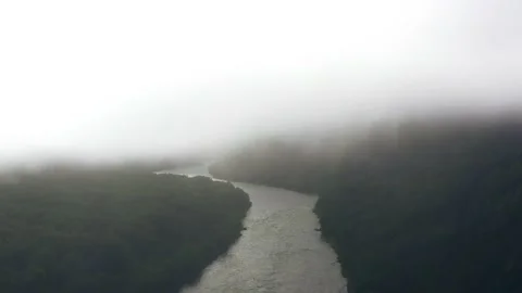 Slow motion upward flight through clouds with landscape of river and forest. 4k 스톡 동영상 164155097