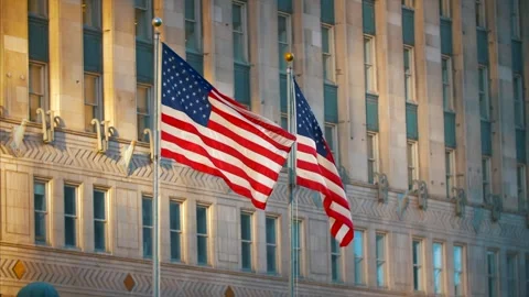 Slow Motion USA Flags Cityscape Urban Beauty 4K Stock Footage 307124062
