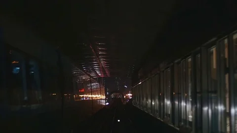 Slow motion variation of Dubai Metro's POV through the city nightscape. P1 Video stock 83671101