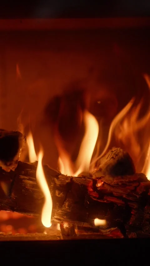 Slow Motion Vertical Close Up of Burning Logs in Fireplace Video stock 328830402