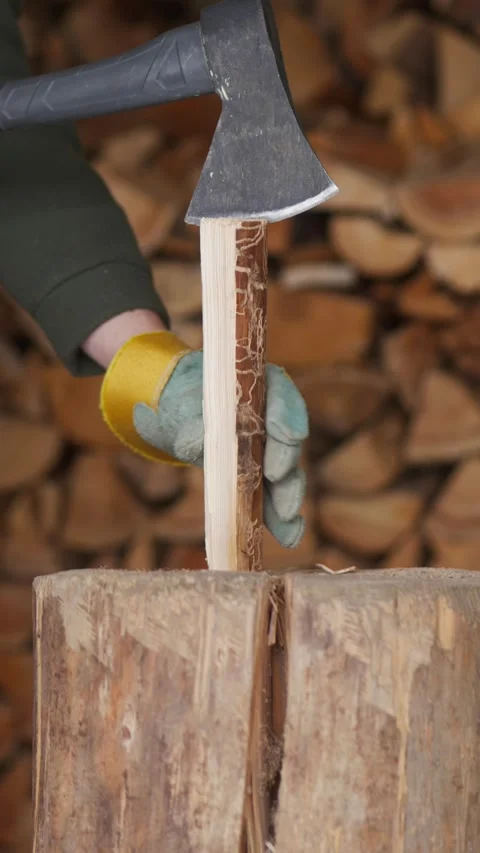 Slow Motion Vertical Close Up of Splitting Wood with Hatchet Stock Footage 328833696