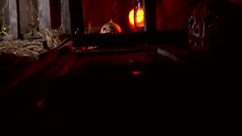 Slow motion video art scary halloween with pumpkins and old kerosene lamp Stockbeeldmateriaal 286206701