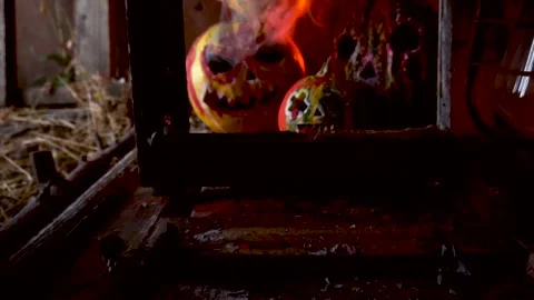 Slow motion video art scary halloween with pumpkins and old kerosene lamp Stock Footage 286207190