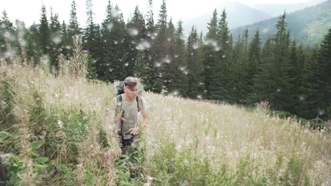 A slow-motion video of a backpacker walking against the mountain. Stock Footage 214331306