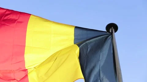 Slow motion video of belgian flag waving in the wind during a clear blue sky Stock Footage 153420442