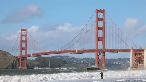 Slow motion video of big waves  in San Francisco with Golden Gate Bridge. Stock Footage 103224084