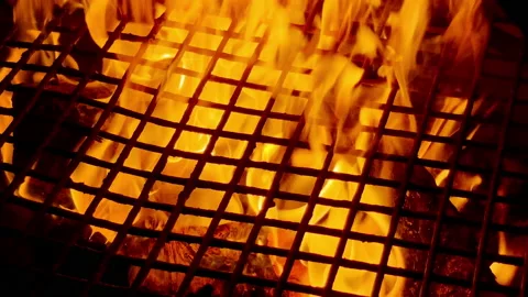 Slow motion video of burning dry woods under the metal old grid. Stock-Footage 236690107