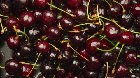 Slow motion video of a cherry falling into water on top of other berries. Video stock 278315119