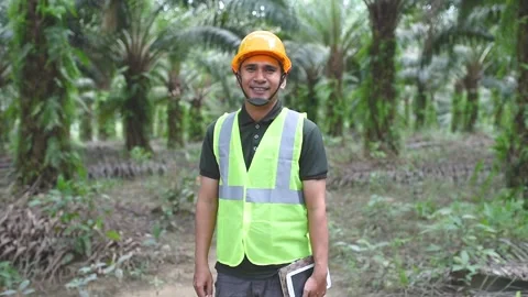 Slow motion video of a field worker palm oil is standing and smiling at the.. Stock Footage 283445033