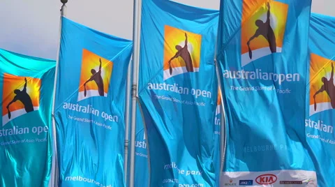 Slow motion video of flags with Australian Open logos Stock Footage 58841968