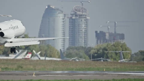 Slow motion video of landing a private jet. Stock Footage 162877555