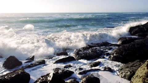Slow motion video of ocean waves crushing rocky coast. Awesome power of waves Stock Footage 113610135