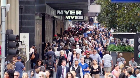 Slow motion video of people at Bourke Street Mall in Melbourne Stock Footage 74775733
